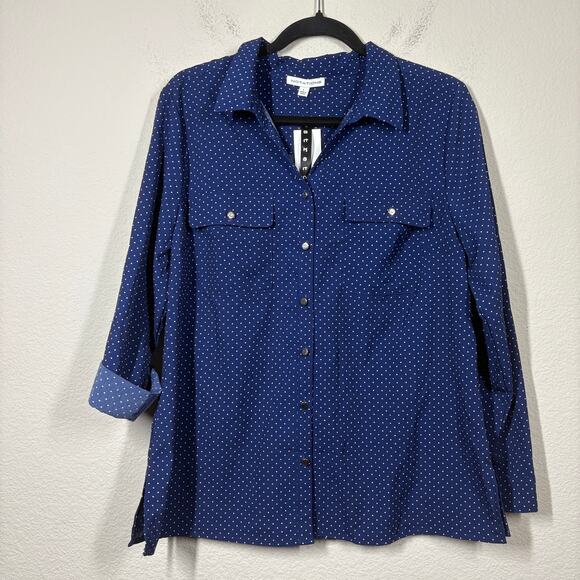 Notations Womens Size Large Polka Dot Button Up Shirt Navy Blue Roll Tab Sleeves - Picture 1 of 9